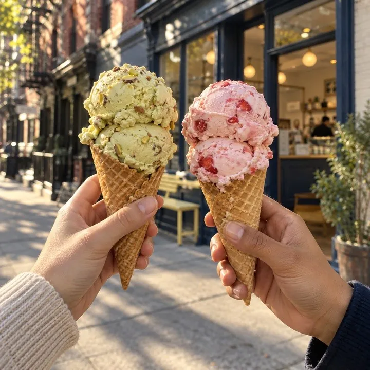Pistachio and strawberry cones held side by side on the sidewalk.