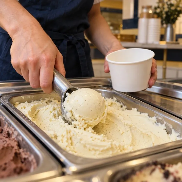 A scooper filling a cup with vanilla ice cream from the case.