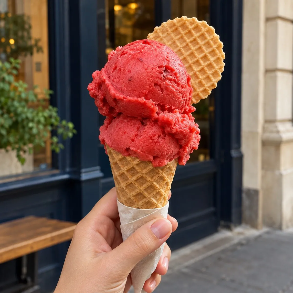 A strawberry sorbet cone with a round waffle wafer held outside a neighborhood shop.