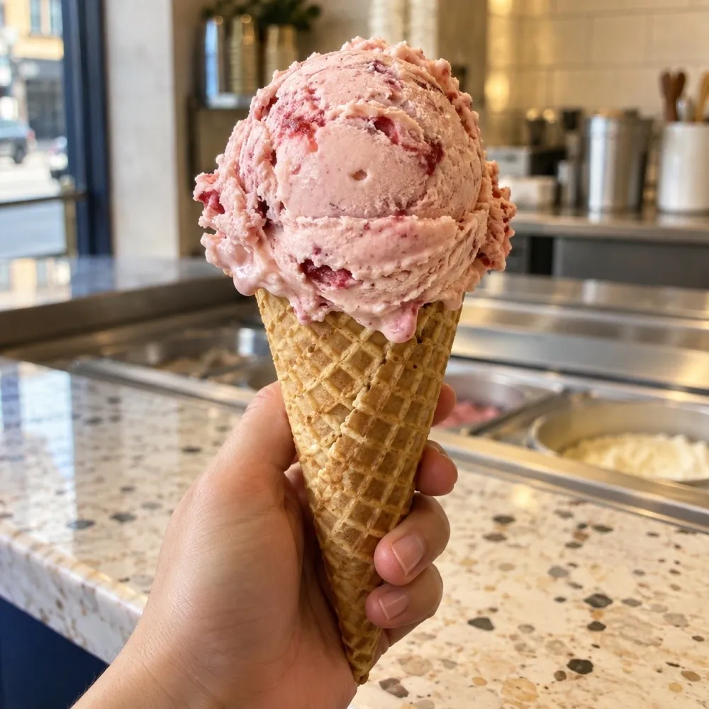 A strawberry ice cream cone held above the shop counter.