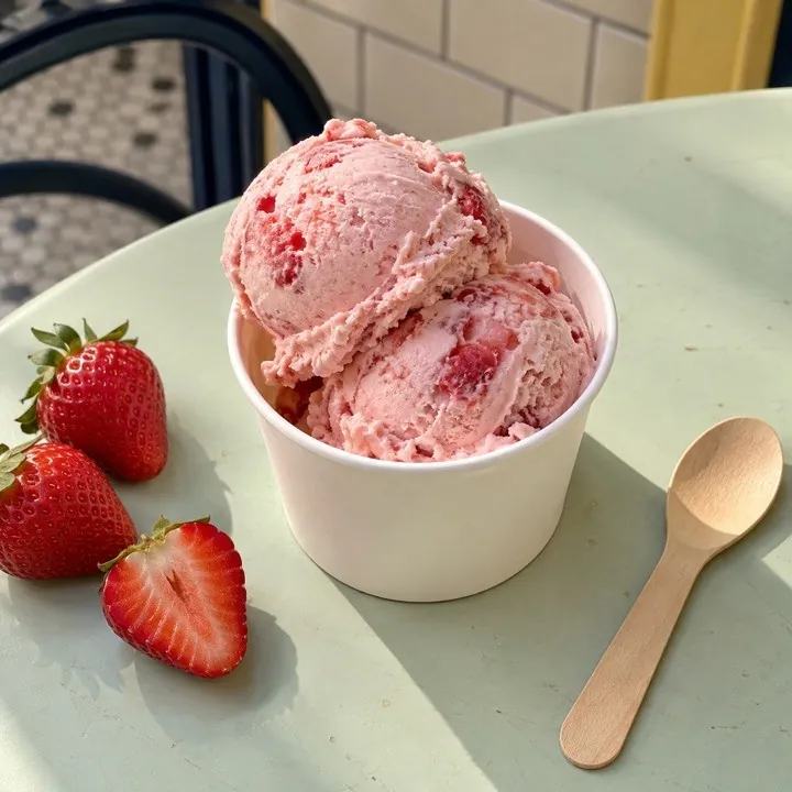 A cup of strawberry ice cream with fresh strawberries and a wooden spoon.