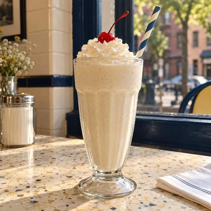 A vanilla milkshake with whipped cream and a cherry on a terrazzo table.