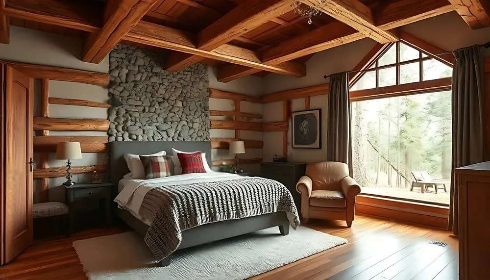 A bedroom with wooden beams