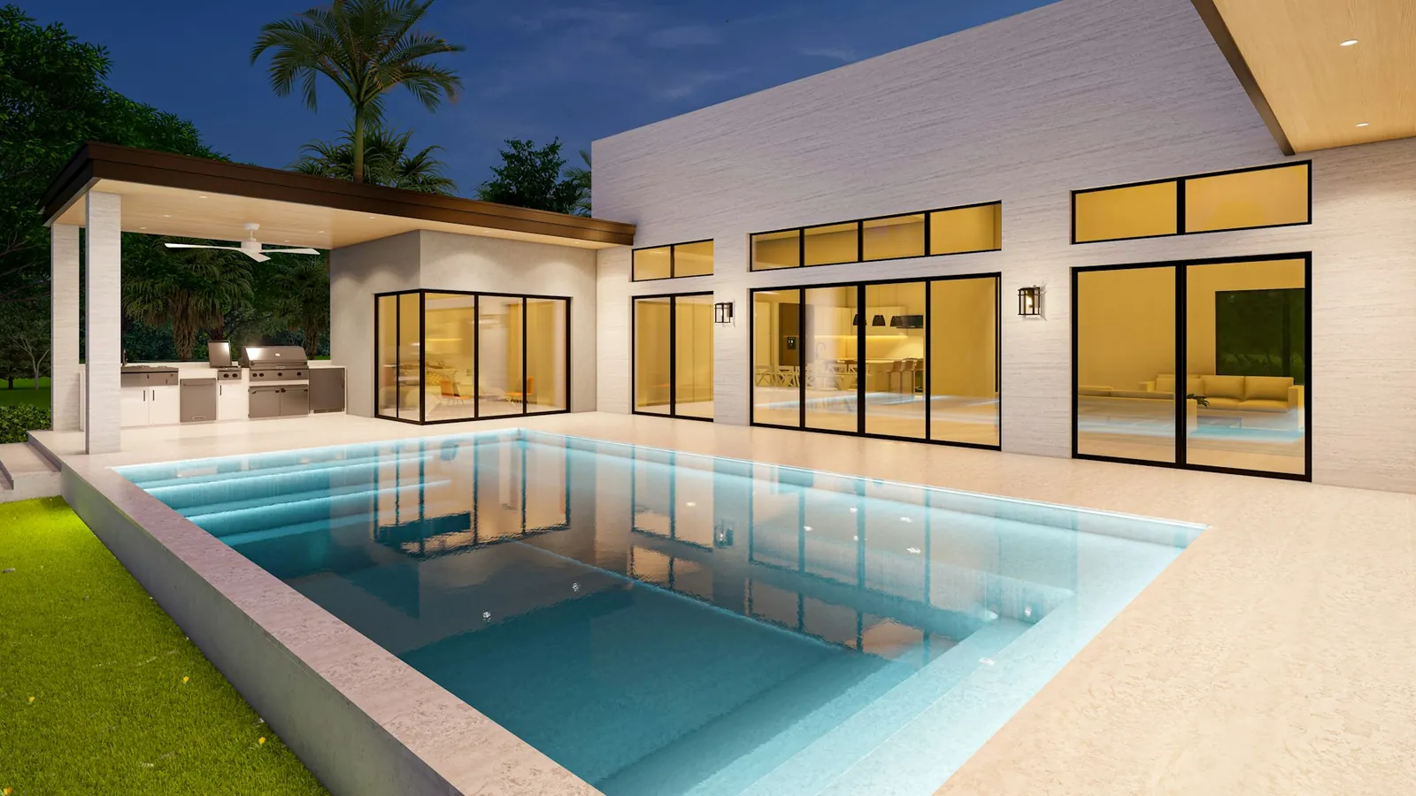 A villa with a pool at dusk