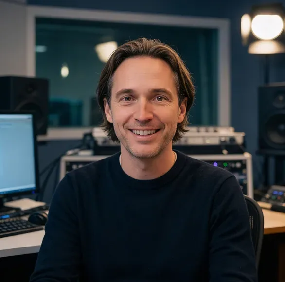 Everett smiling in his recording studio