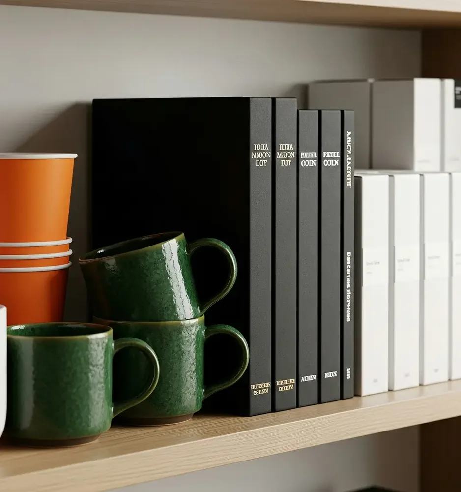 Green mugs beside a row of black and white books on a shelf