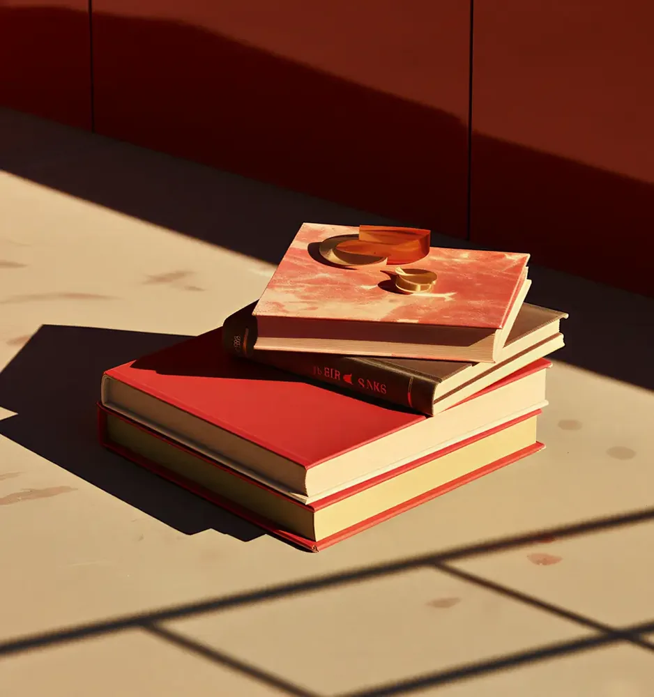 Red and cream books stacked on a sunlit table