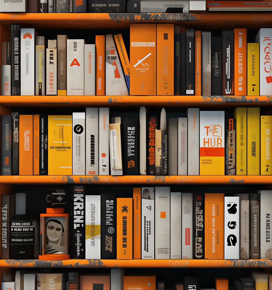 A tall bookcase full of orange and black spines