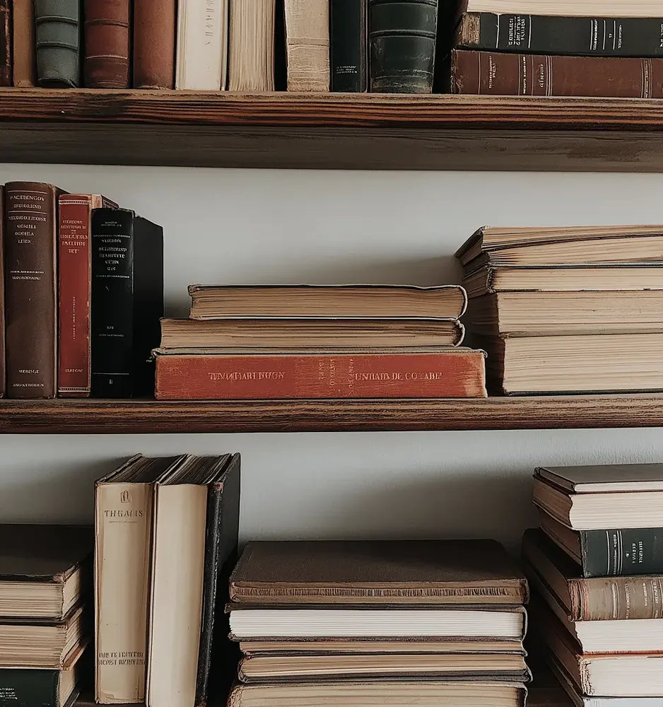 Old hardbacks on a wooden bookshelf