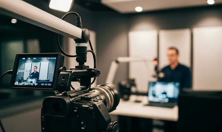 A camera recording a podcast guest in a bright studio