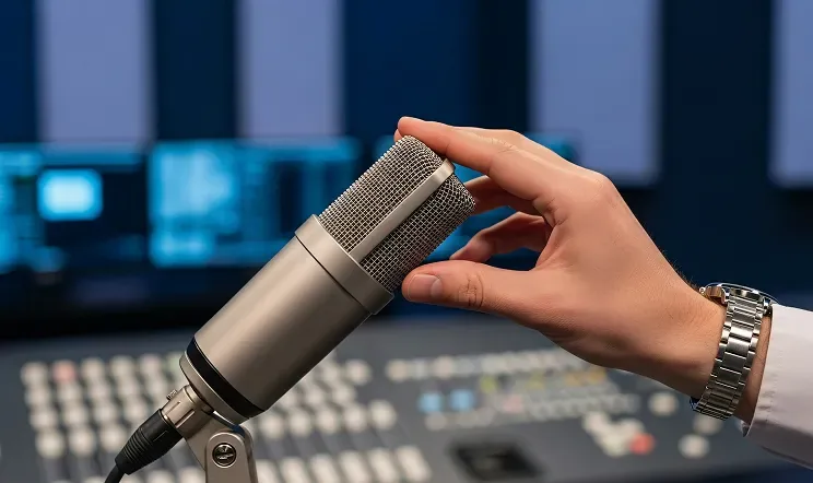 A hand adjusting a studio microphone above the mixing desk