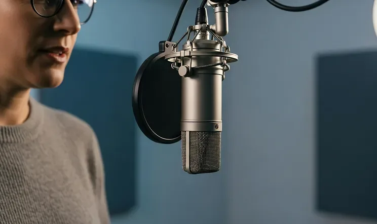 A studio microphone in front of a guest, close up