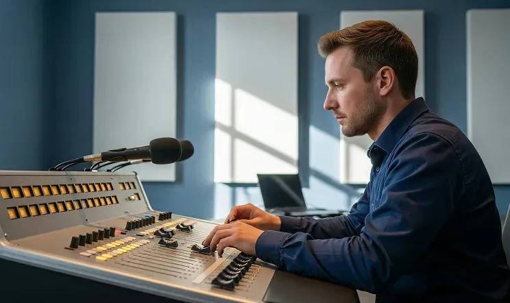 A host at the mixing desk of a podcast studio