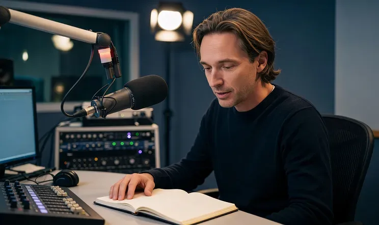 Everett reading his notes at the studio desk