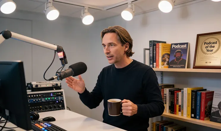 Everett at the studio microphone with a coffee, bookshelves behind him