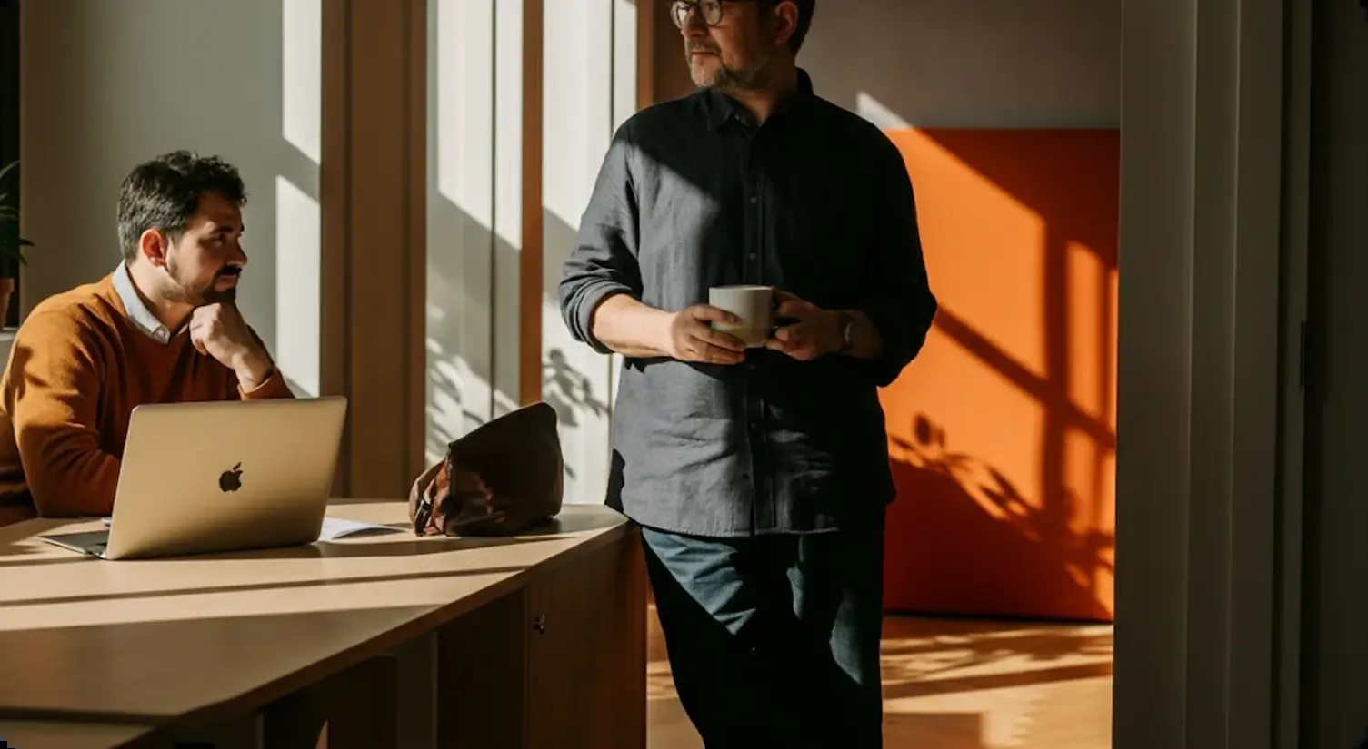 A founder with a coffee standing beside a colleague at a laptop in the sun