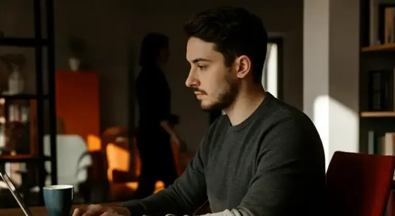 A founder at a laptop in a dark room