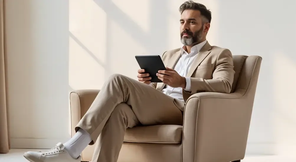 A man reading a tablet in an armchair in a white room