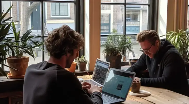 Two founders at laptops at a long wooden table by a window
