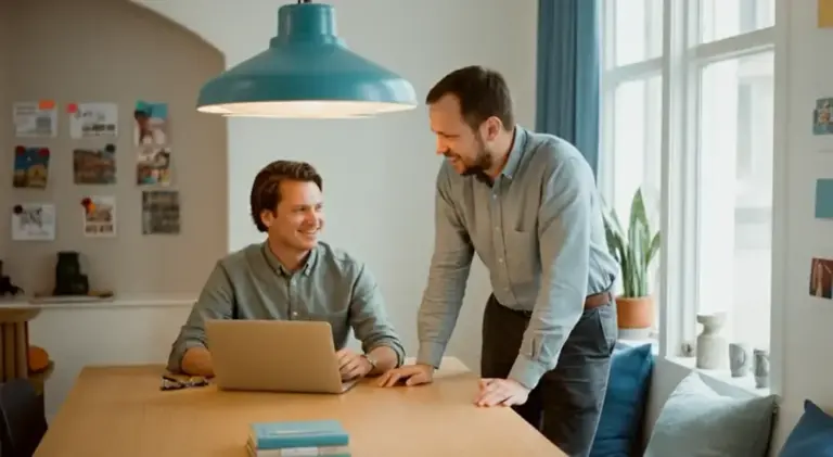 Two colleagues talking over a laptop under a teal pendant lamp