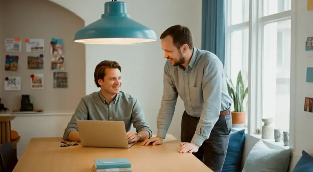 Two colleagues talking over a laptop under a teal pendant lamp