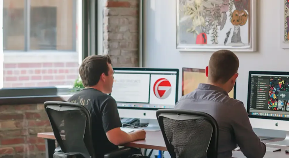 Two people at their desks in a bright studio office
