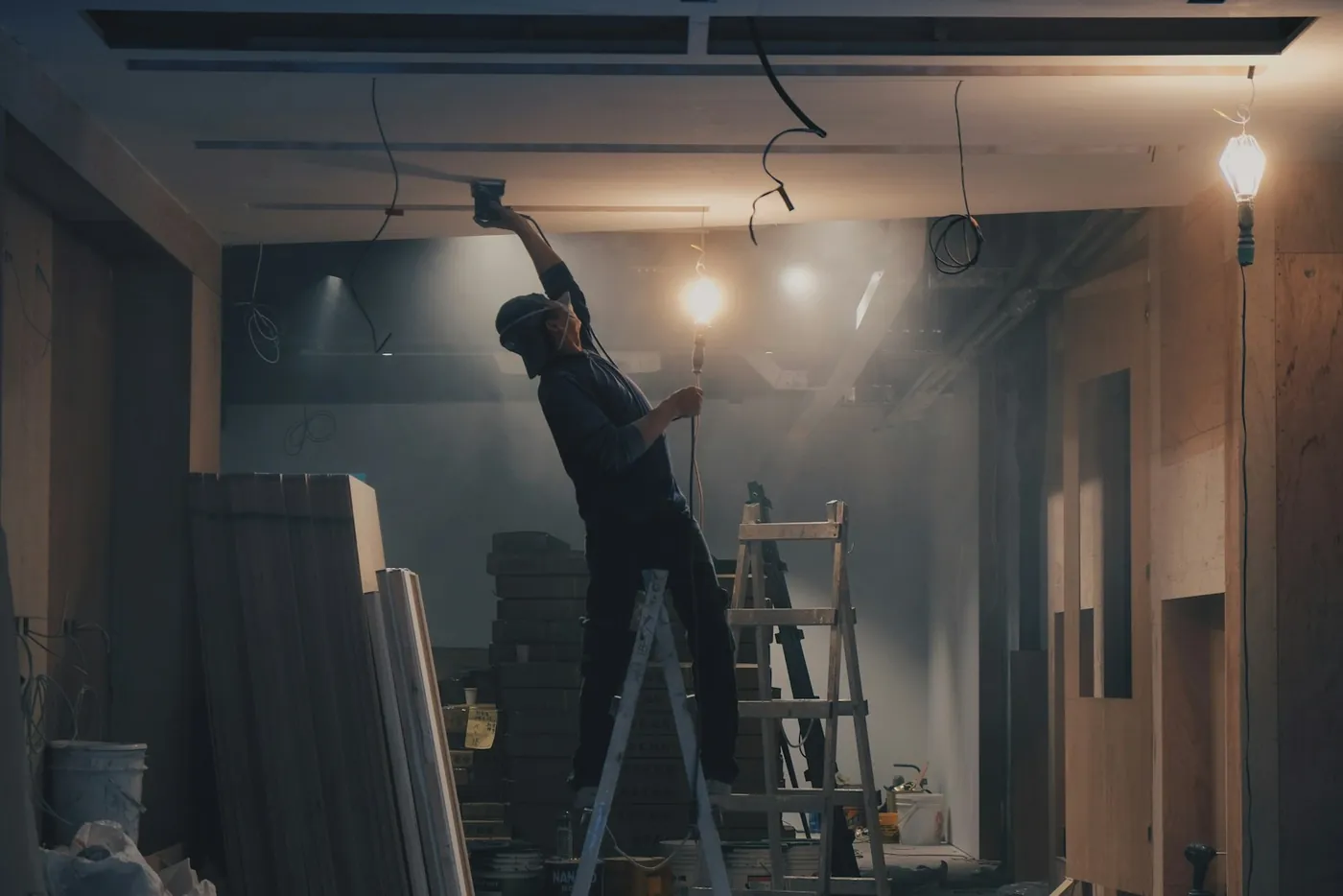 A tradesman fixing a ceiling light in a dim room