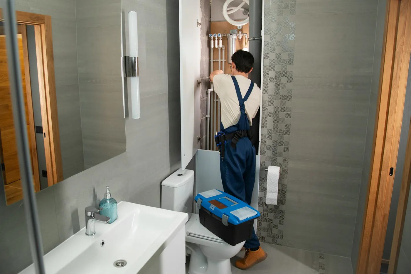 A plumber at work in a modern bathroom