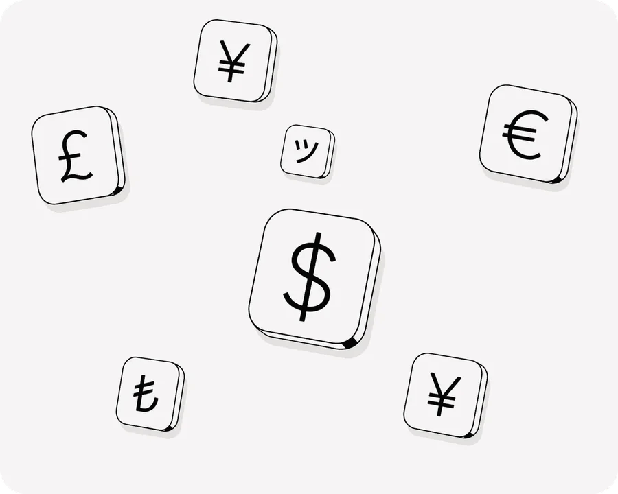 Keys with currency symbols: pound, yen, dollar, euro, lira