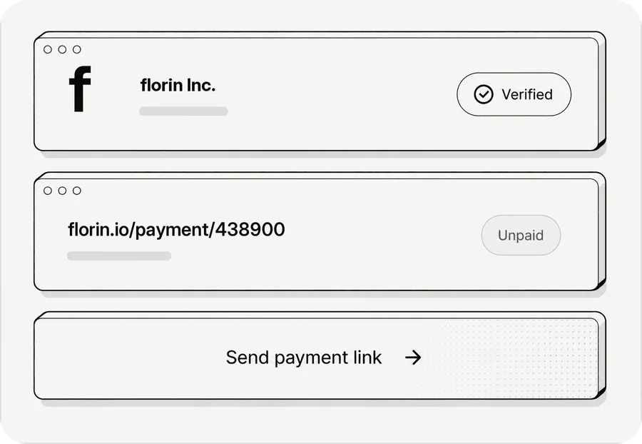 A verified Florin Inc. payment link, unpaid, with a Send payment link button