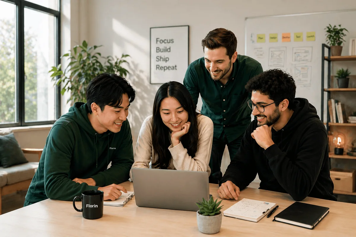 Four colleagues reviewing a plan together around a laptop