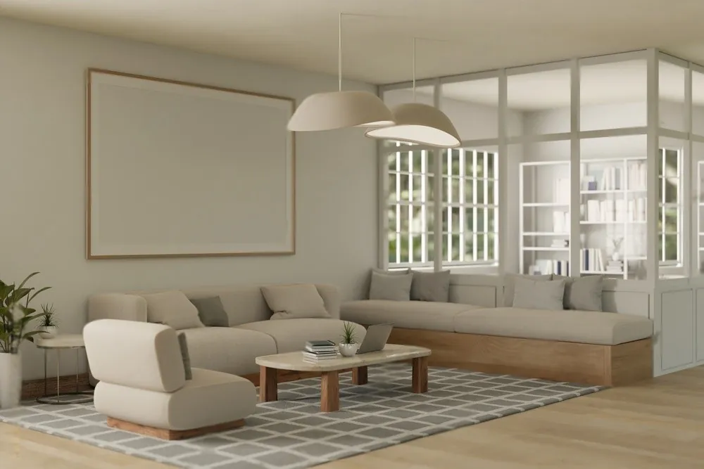 A bright living room with a glass partition
