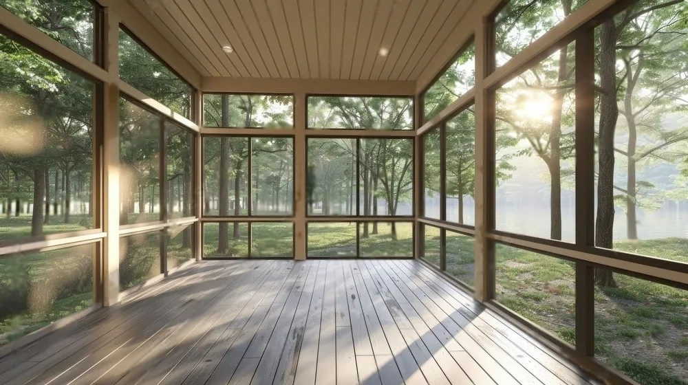A screened porch among the trees