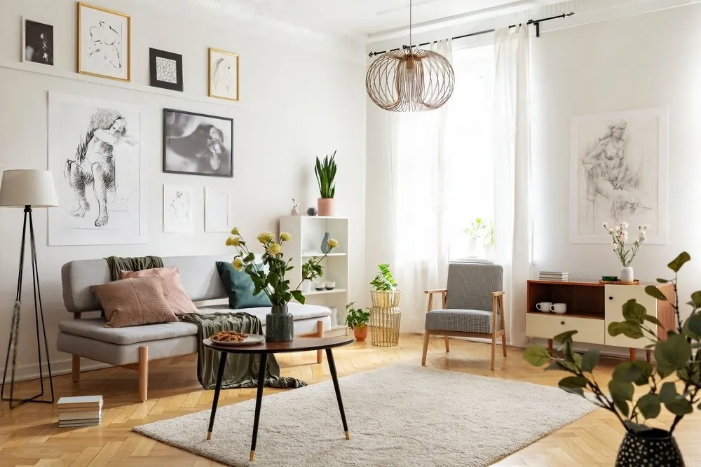 A living room with a rattan pendant lamp