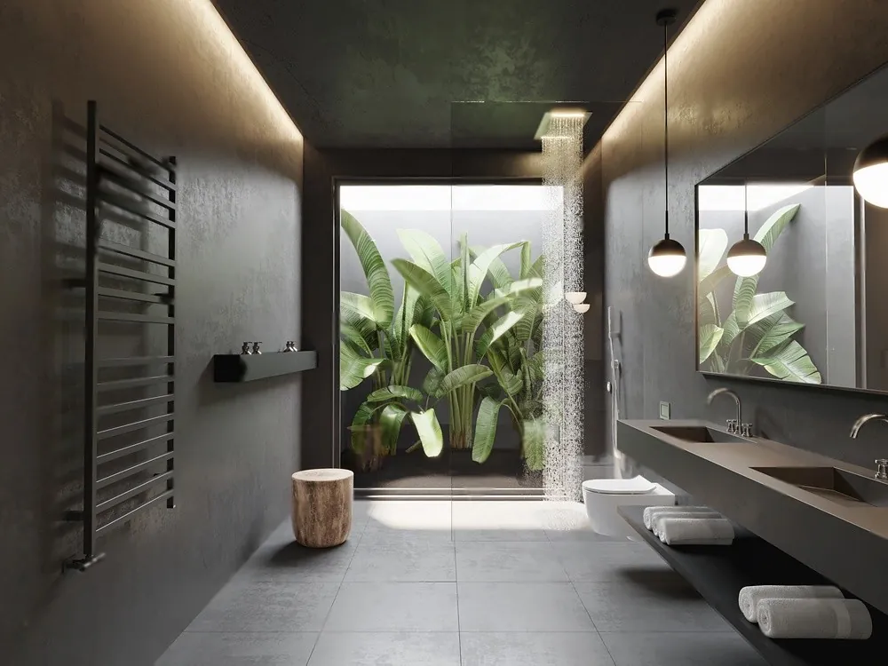 A dark bathroom with a planted light well