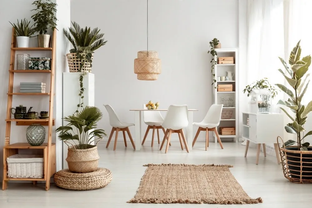 A dining room with plants and shelves