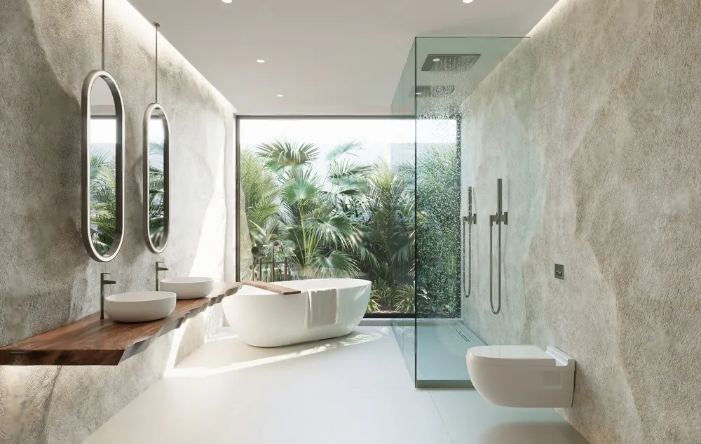 A bathroom with a glass shower