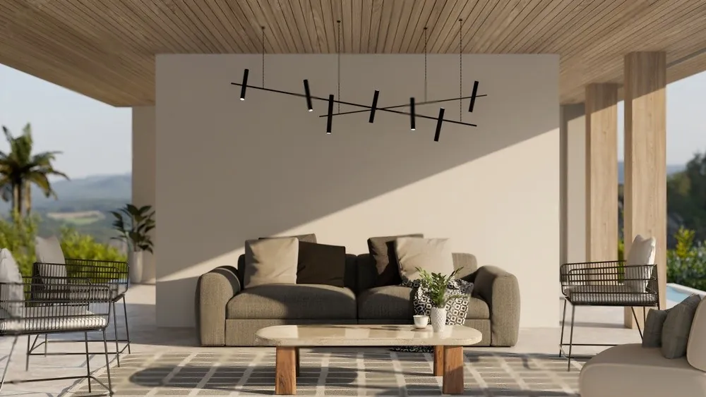 A living room under a linear pendant light