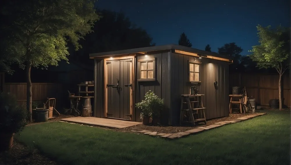 A garden pavilion lit at night