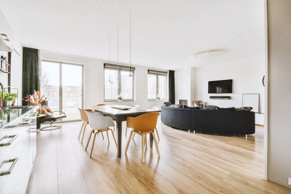 An open dining and living area
