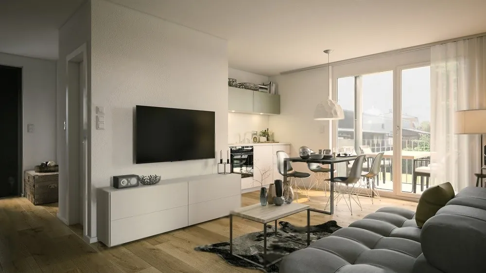 An open-plan living room and kitchen