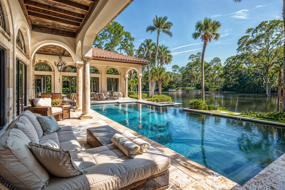 A pool terrace with palm trees