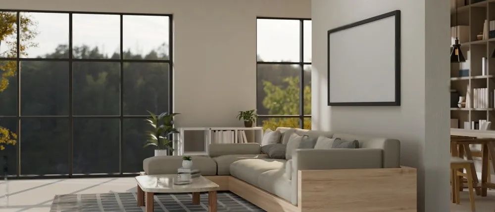 A living room with large sliding windows