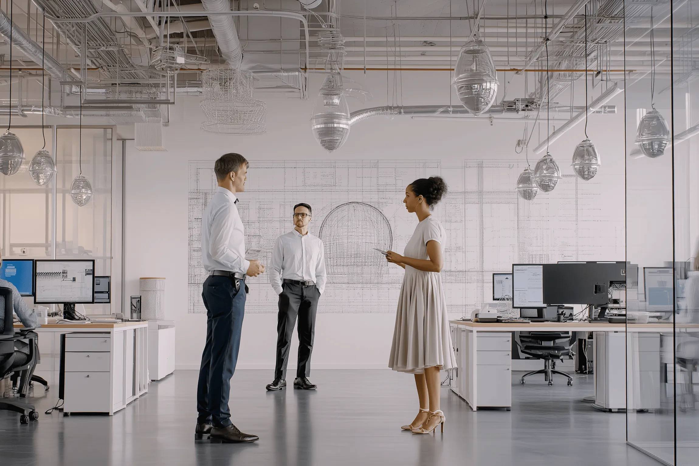 Three colleagues talking in a bright open-plan office