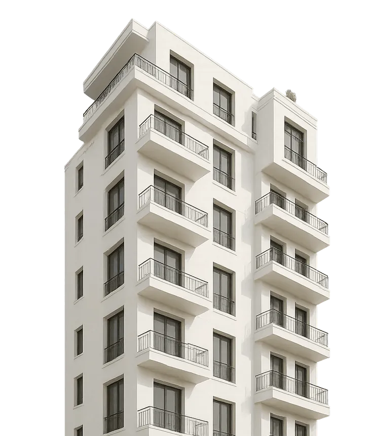 A white apartment tower with stacked balconies