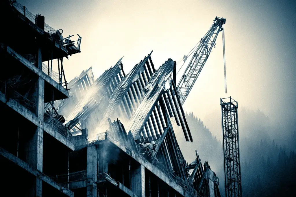 A steel frame and a crane against a dark sky
