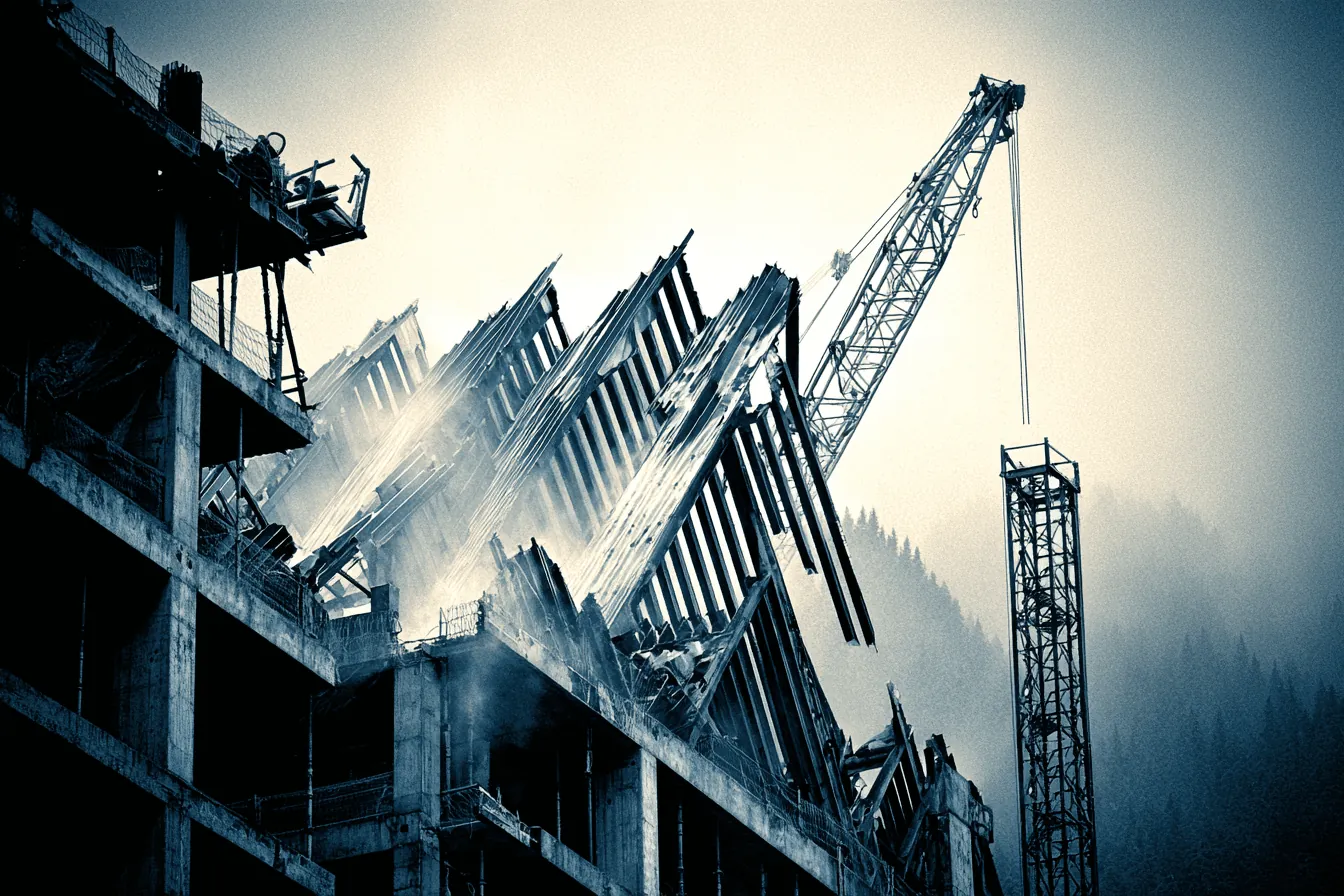 A steel frame and a crane against a dark sky