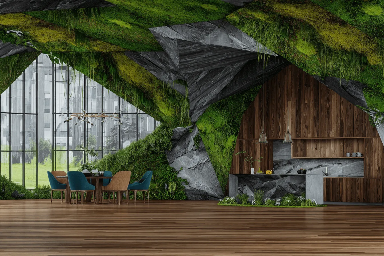 A lounge with a wall of plants under a glass roof