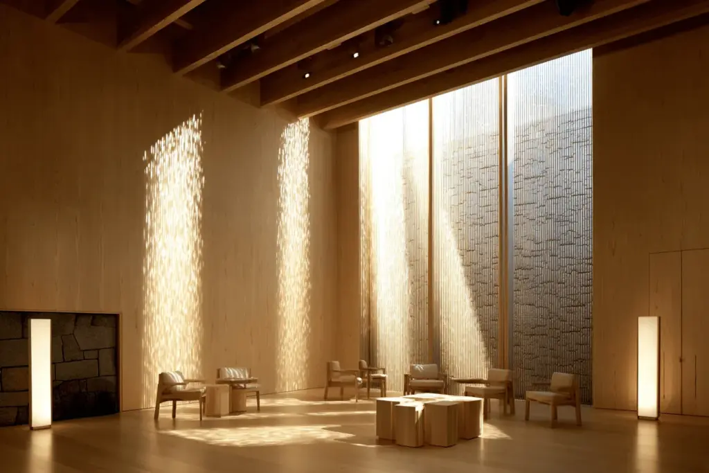 Sunlight falling through tall windows into a warm room