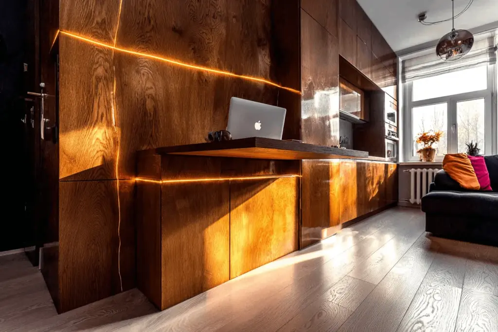 A compact wooden kitchen with a glowing strip light